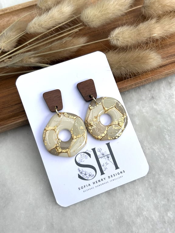 Handcrafted Gold & Beige Marble Effect Donut Polymer Clay Earrings