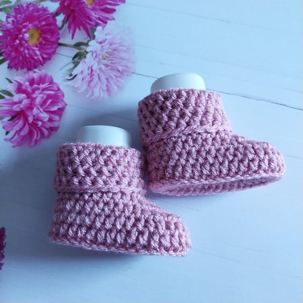 Baby Girl Crocheted Booties, Newborn to 3 Months, Rose Pink, Gender Reveal Gift,