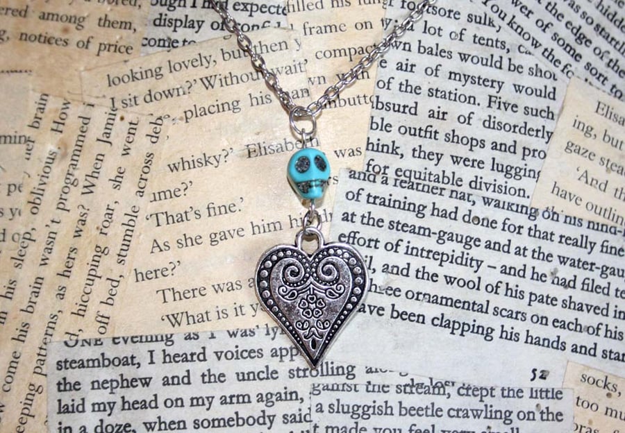 Turquoise Howlite Skull Heart Charm Silver Necklace