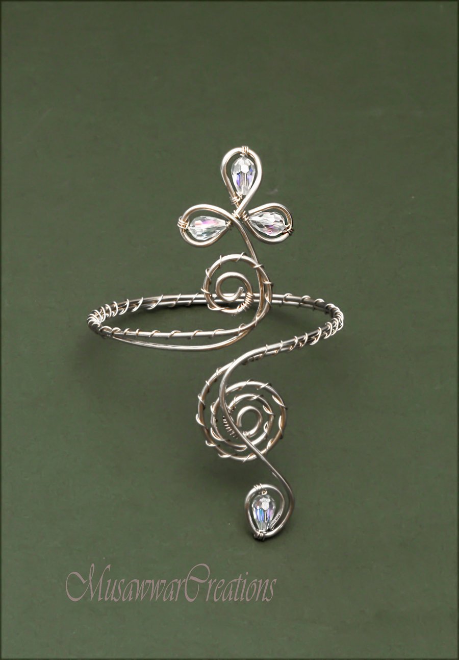 Bridal Arm Jewellery – Silver Plated Wire Arm Cuff with Clear Crystal Beads
