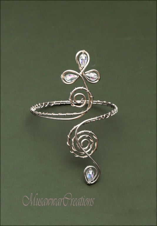 Bridal Arm Jewellery – Silver Plated Wire Arm Cuff with Clear Crystal Beads