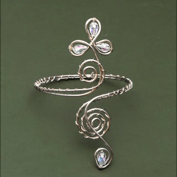 Bridal Arm Jewellery – Silver Plated Wire Arm Cuff with Clear Crystal Beads