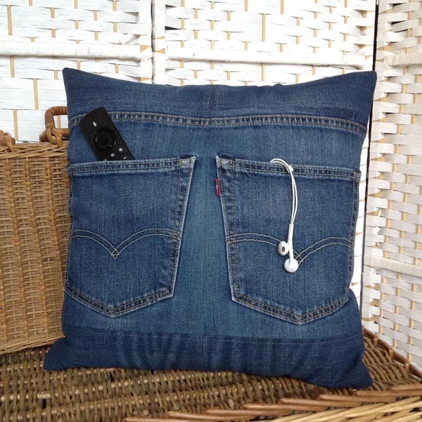 Jeans pocket cushion, recycled denim,  cushion cover only