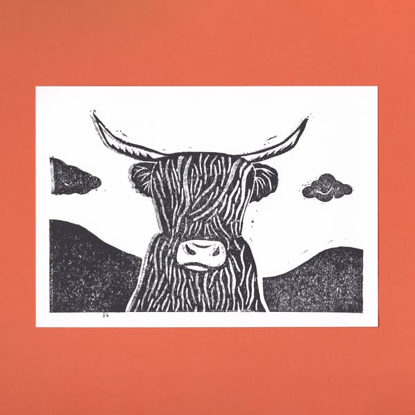 SECONDS - Black Highland Cow – Original Handmade Lino Print