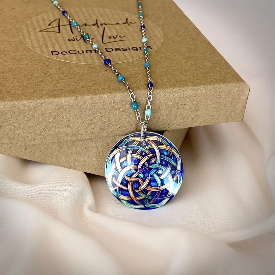 Celtic necklace, blue orange green 25mm round pendant, handmade jewellery (CP06)