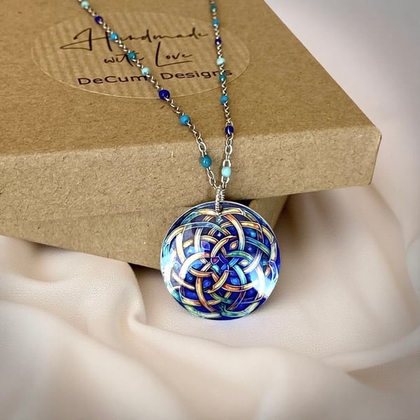 Celtic necklace, blue orange green 25mm round pendant, handmade jewellery (CP06)