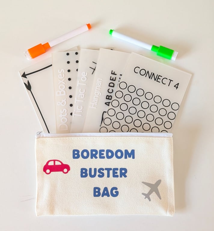 Kids Boredom Buster Bag - Reusable Dry Erase Travel Games Pack