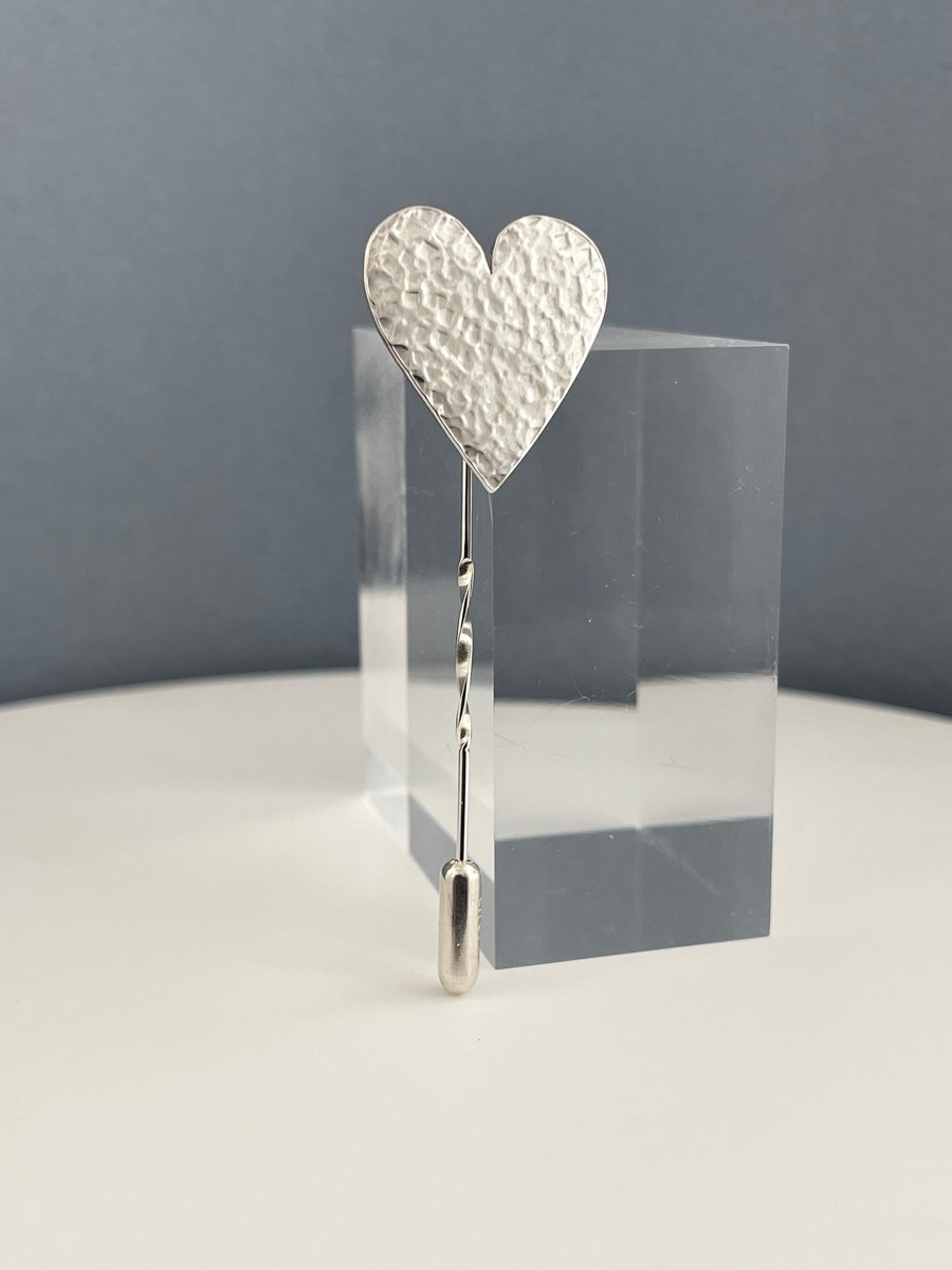 Sterling Silver Heart Tie & Lapel Stick Pin-Brooch Hammered-Sparkly Handmade