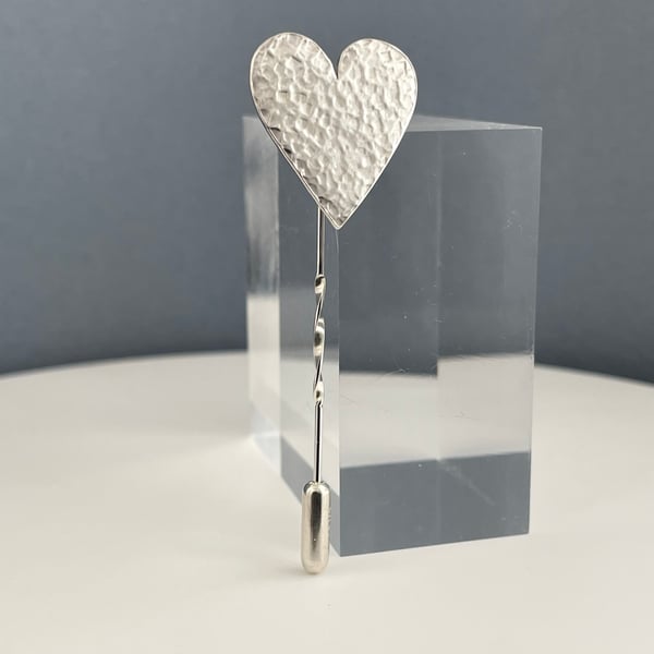 Sterling Silver Heart Tie & Lapel Stick Pin-Brooch Hammered-Sparkly Handmade