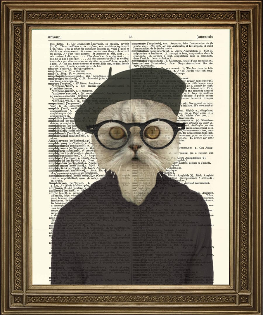 Hipster Cat: Dictionary Art Print, Animal in Beret