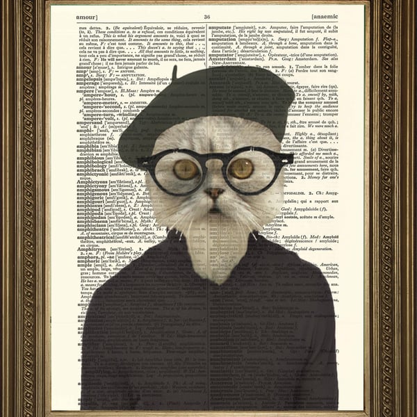 Hipster Cat: Dictionary Art Print, Animal in Beret