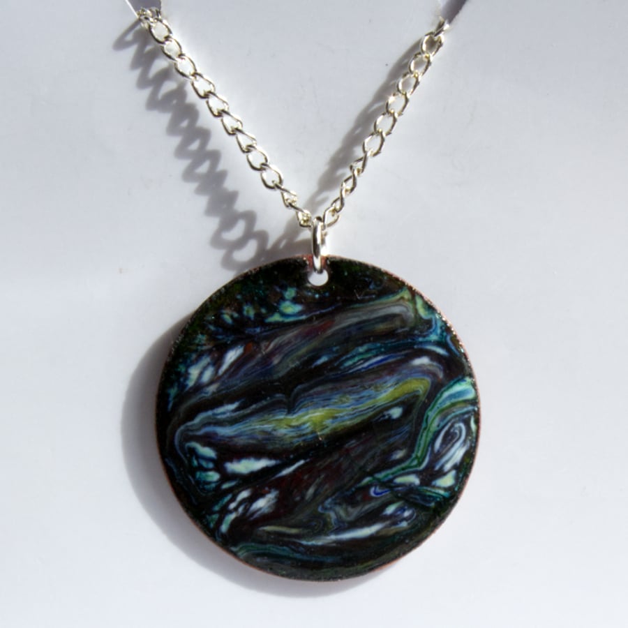 purple, yellow, white scrolled on black - pendant