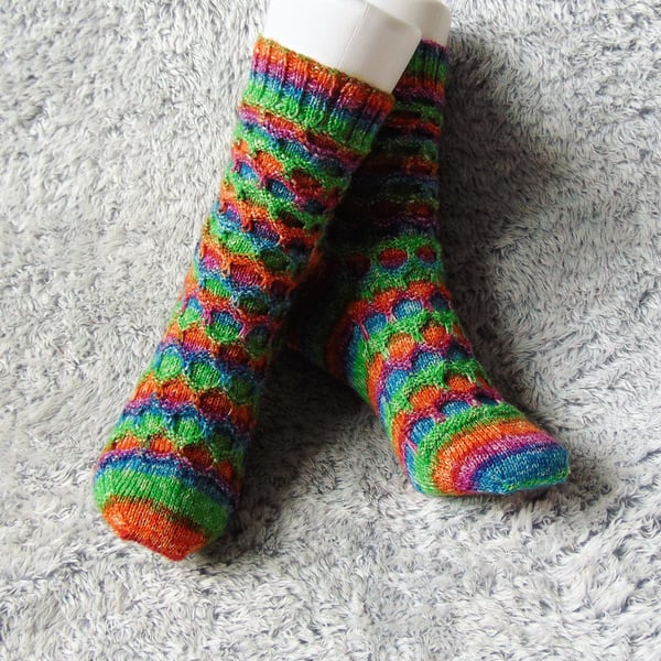 Hand Knitted Ladies' Socks, Cosy Wool Blend Socks, Bright Socks