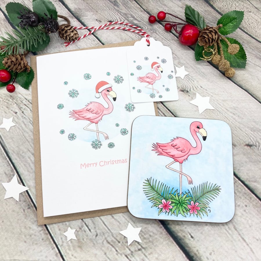 Christmas Flamingo Card, Gift Tag & Coaster Gift Set