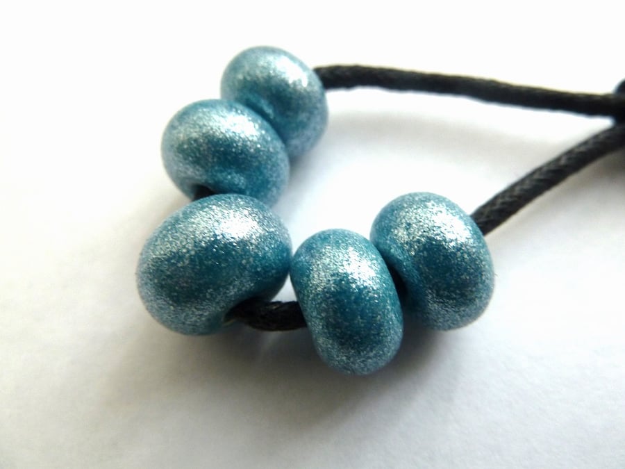 handmade lampwork glass beads, blue glitter