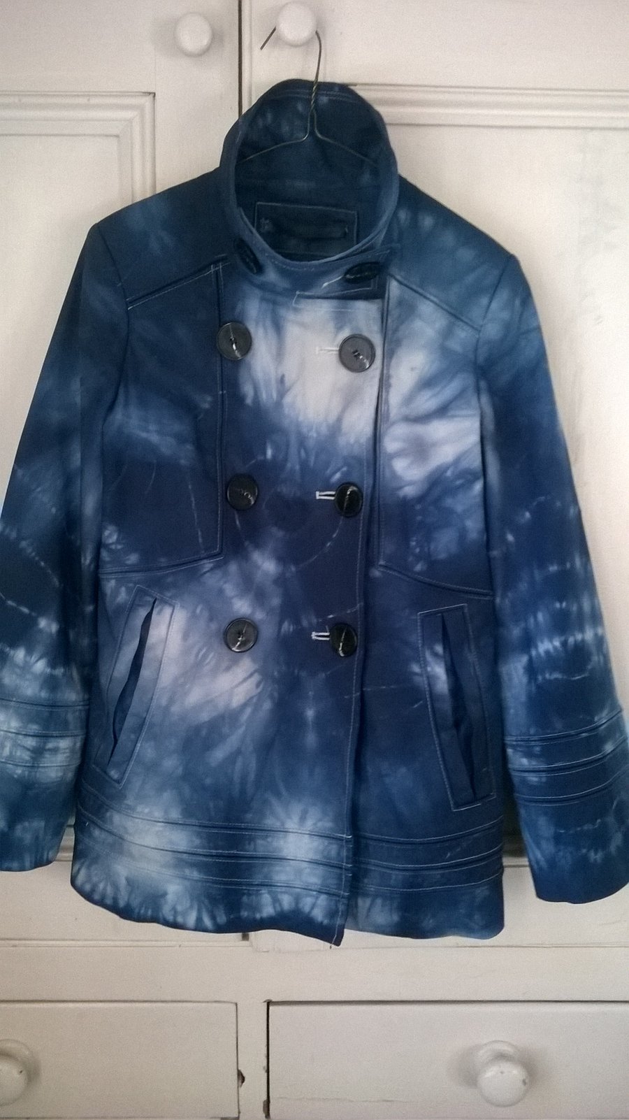 Indigo Hand Tie-dyed Upcycled Double-breasted Lined Jacket.