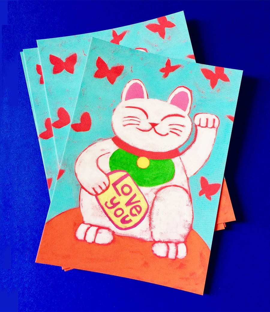 Love You Lucky Cat Postcard by Jo Brown - be lucky 