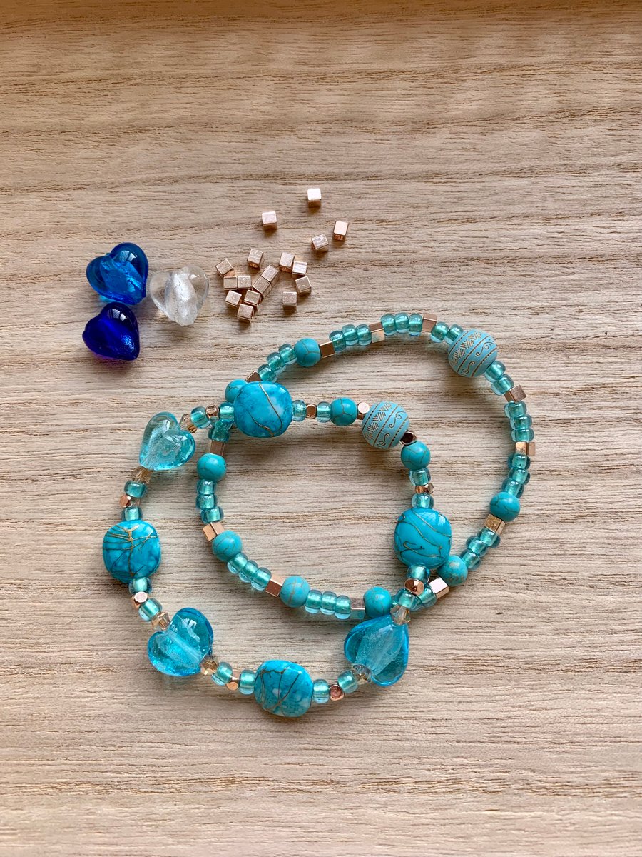 Turquoise Glass Heart & Bead Stacking Bracelets