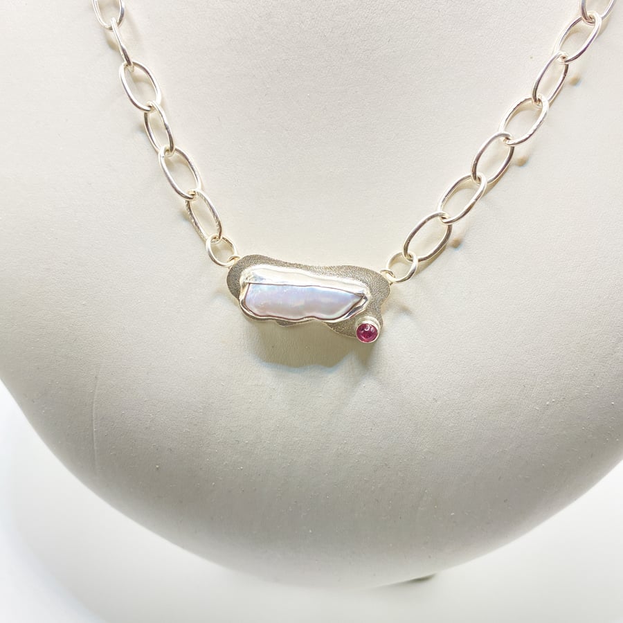Keshi Pearl and Pink Tourmaline Silver Hand Textured Chain