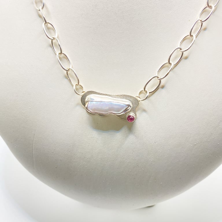 Keshi Pearl and Pink Tourmaline Silver Hand Textured Chain