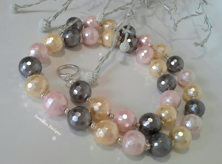 Large Faceted Shell Pearl Silver Plated Necklace ONE OFF