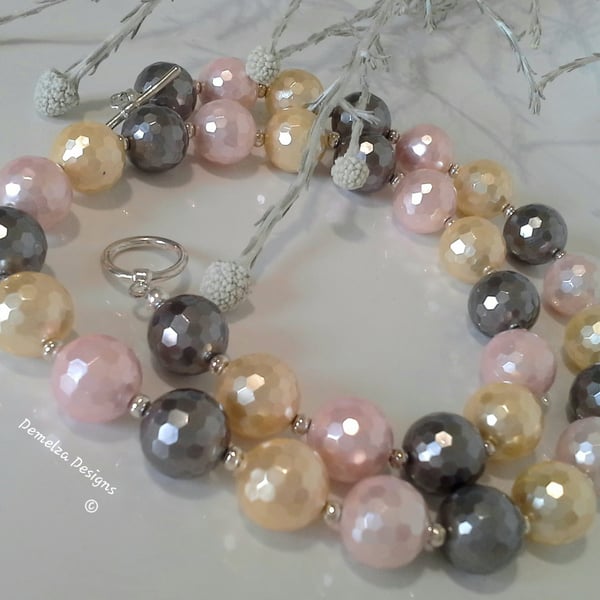 Large 12mm Faceted Shell Pearl Silver Plated Necklace