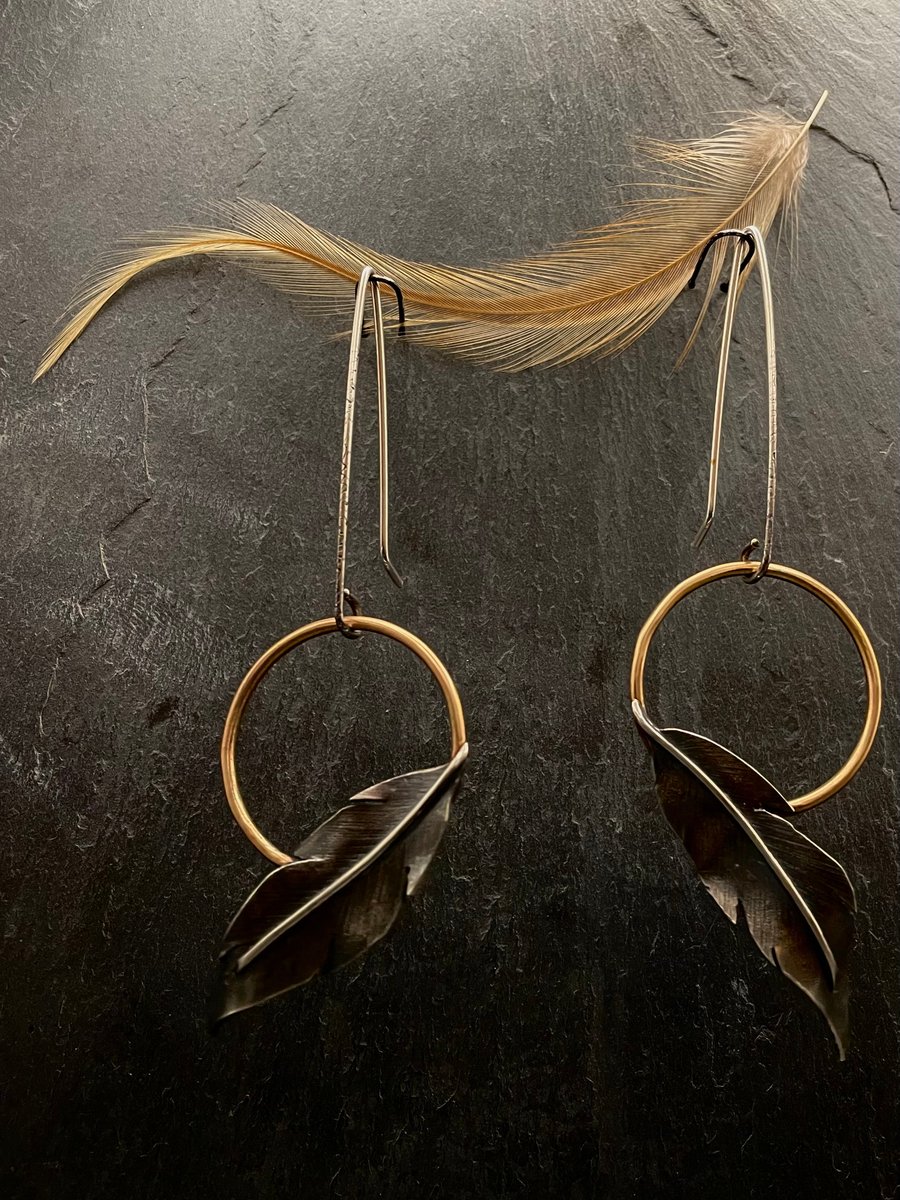 Large Feather Golden Circle Earrings 