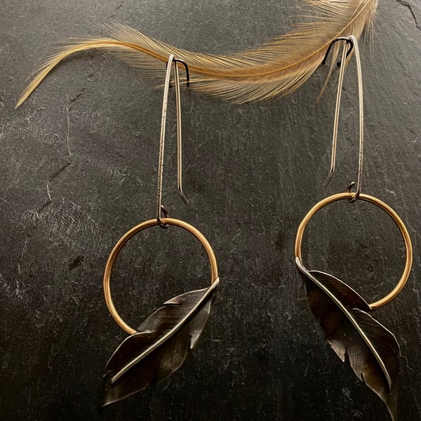 Large Feather Golden Circle Earrings 
