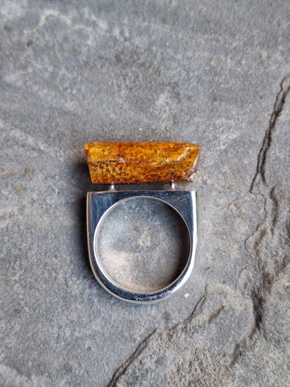 "Frozen in Time" Amber & Silver Ring – Contemporary Geometric Statement Piece