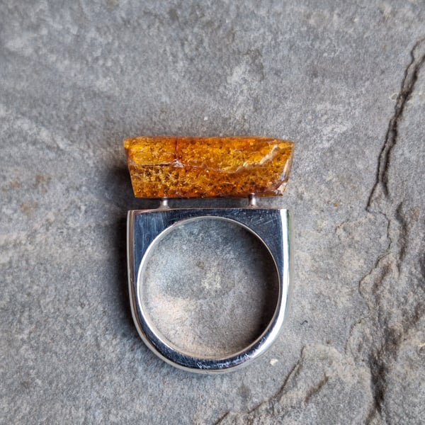"Frozen in Time" Amber & Silver Ring – Contemporary Geometric Statement Piece