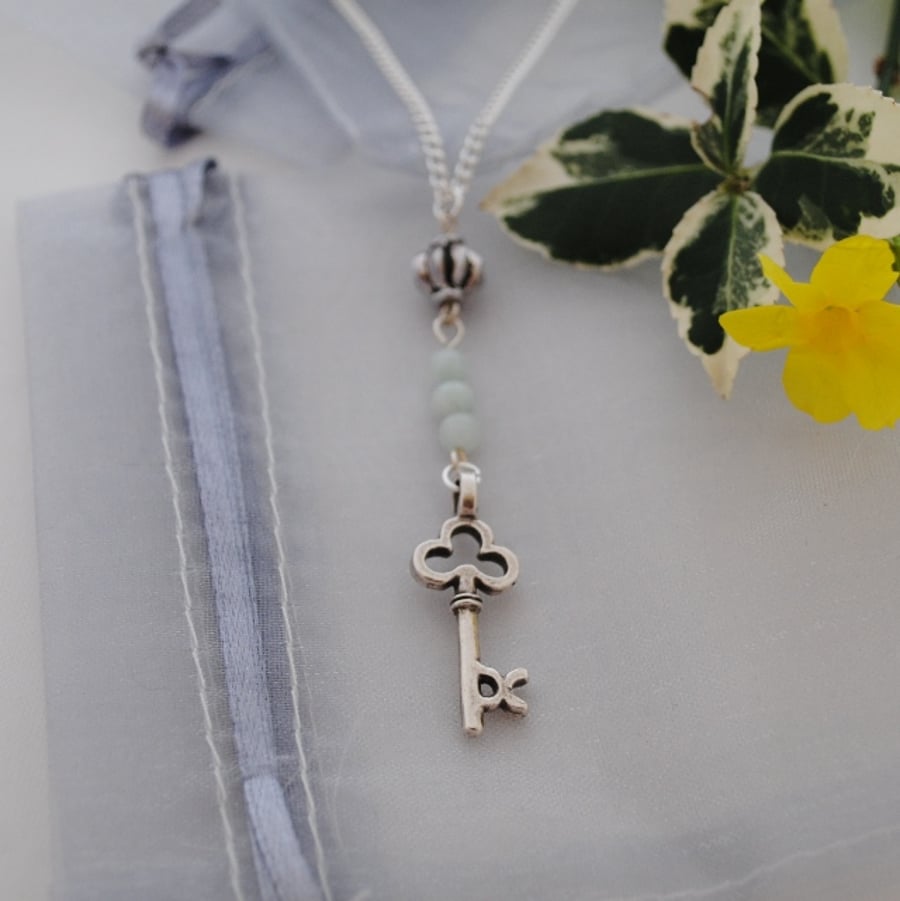 Amazonite & silver key long layering necklace