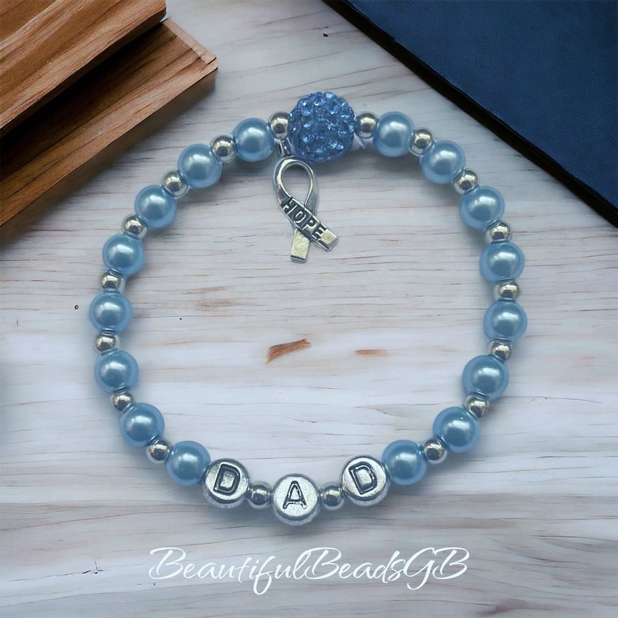 Blue awareness ribbon shamballa beaded bracelet stretch beaded personalised 