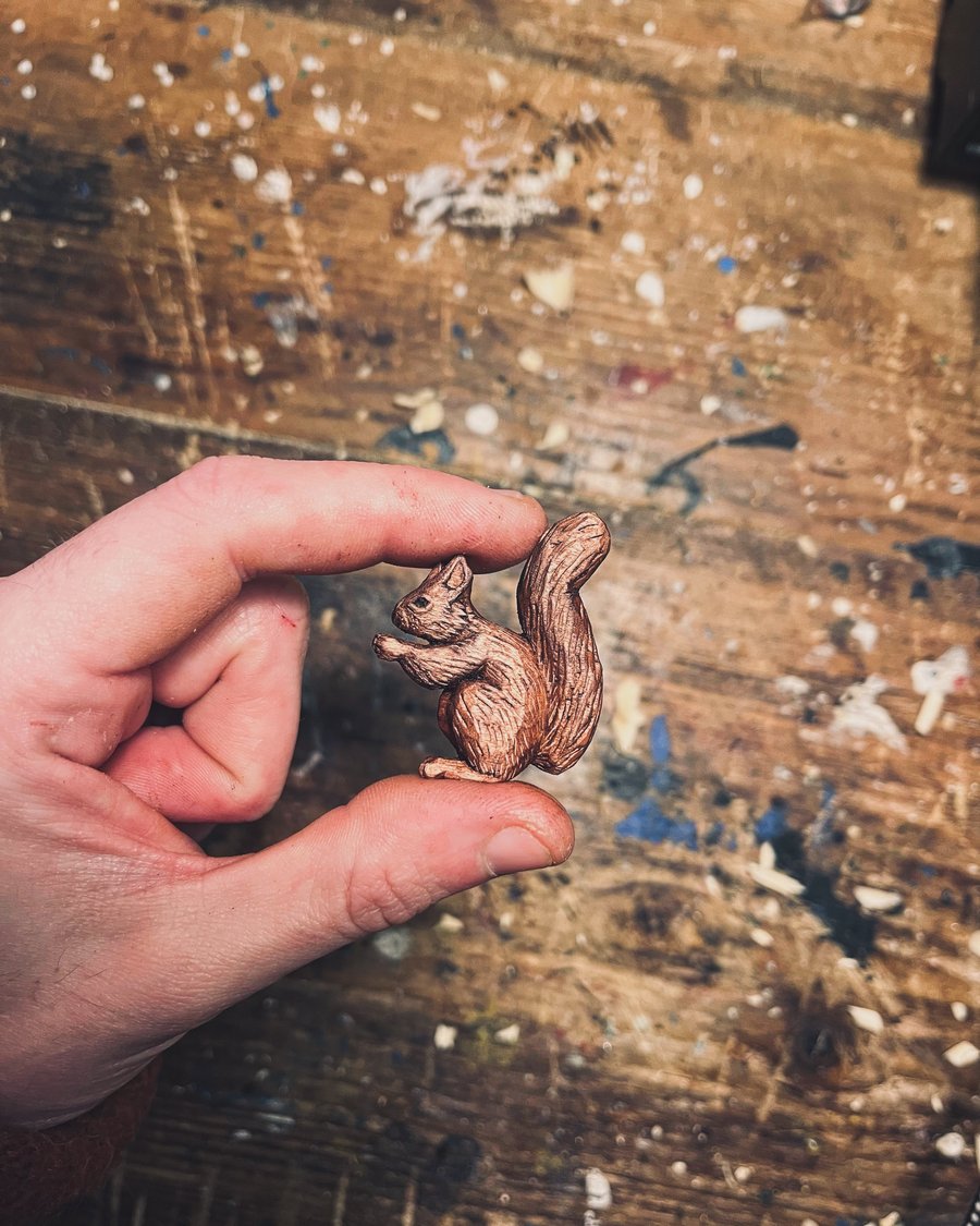 Hand Carved Red Squirrel Brooch Pin