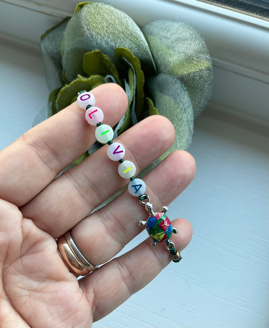 Handmade adorable Tiny Turtle and Olivia name tag bracelet