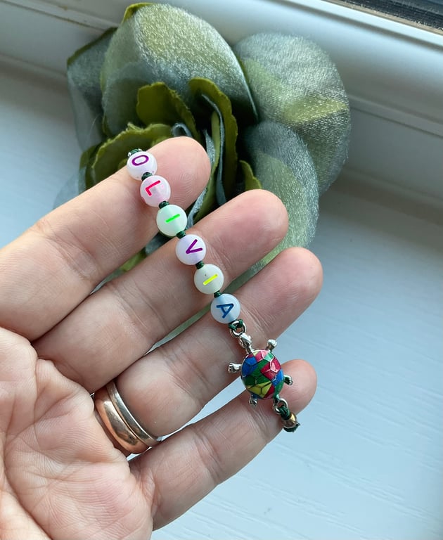 Handmade adorable Tiny Turtle and Olivia name tag bracelet