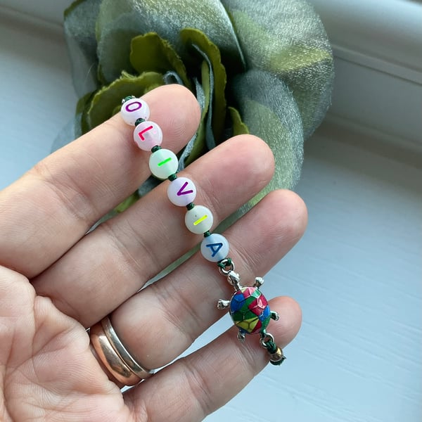 Handmade adorable Tiny Turtle Bracelet Olivia name tag