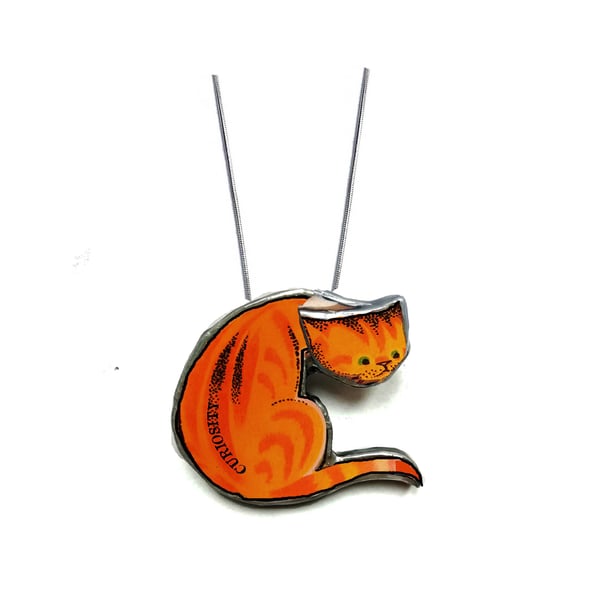 Whimsical Ginger curiosity Cat Resin Necklace pendant by EllyMental