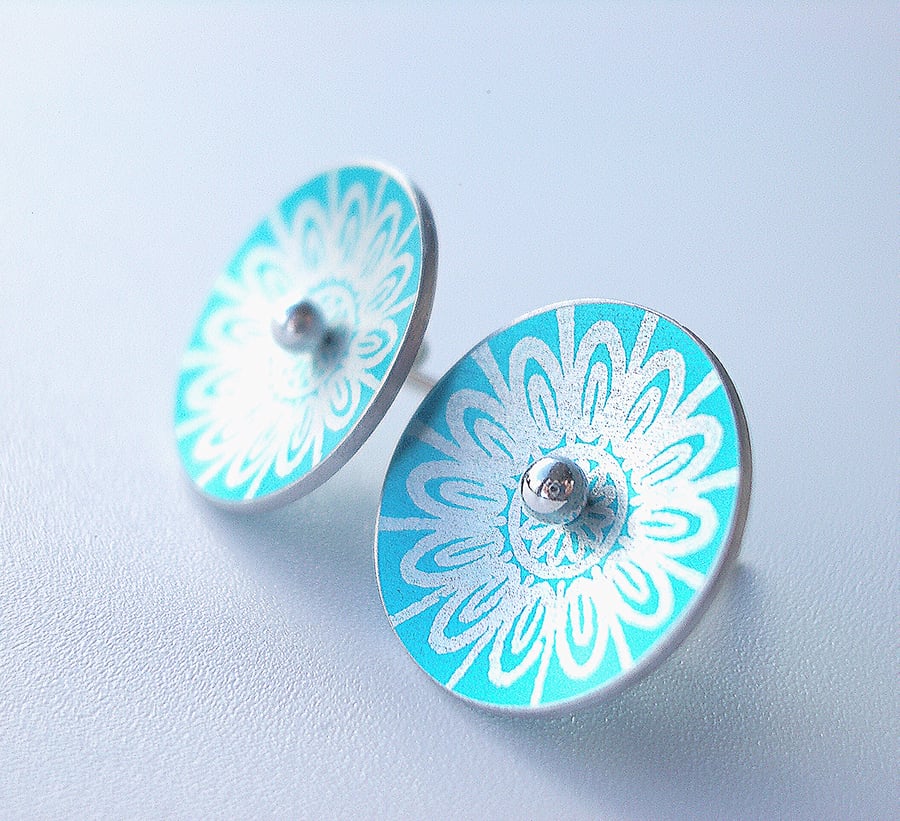 SALE - Flower studs in turquoise and silver with mandala print - slight second