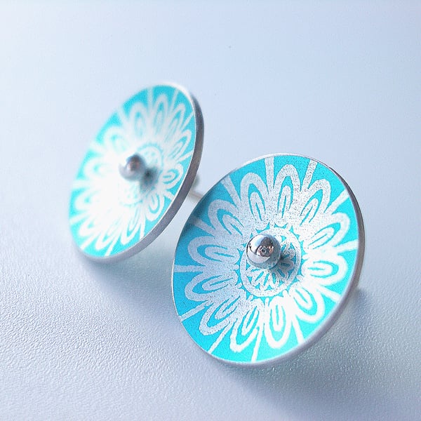 Flower studs in turquoise and silver with mandala style print 