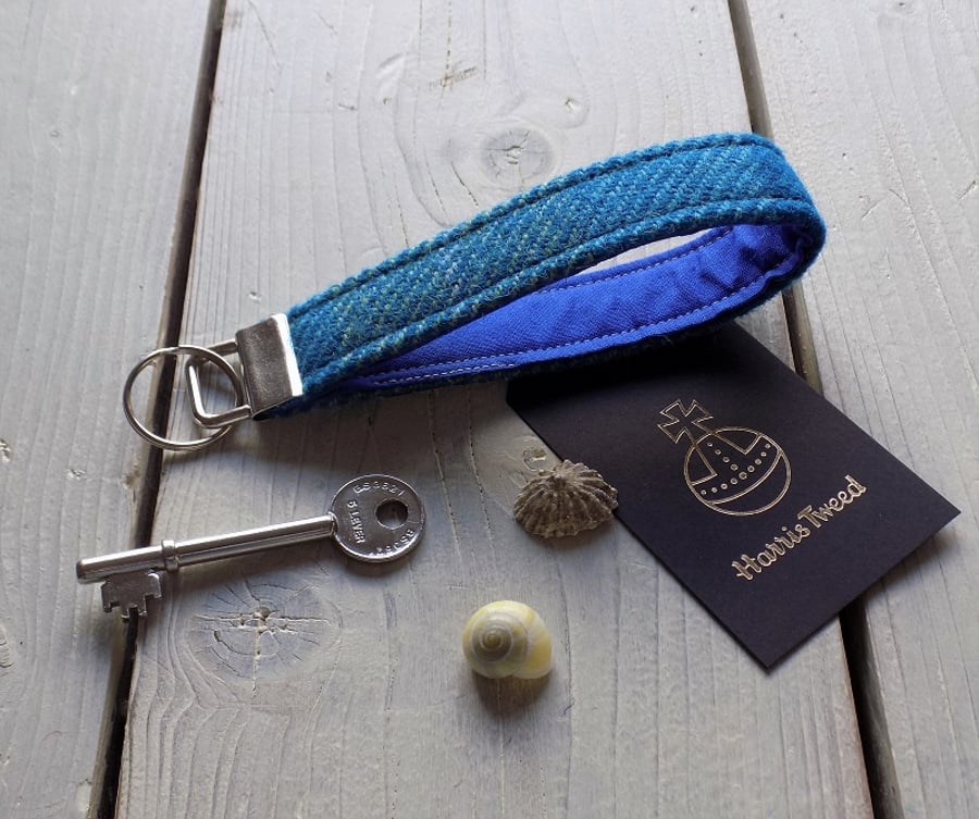 Harris Tweed key fob wrist strap in turquoise tartan
