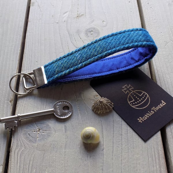 Harris Tweed key fob wrist strap in turquoise tartan