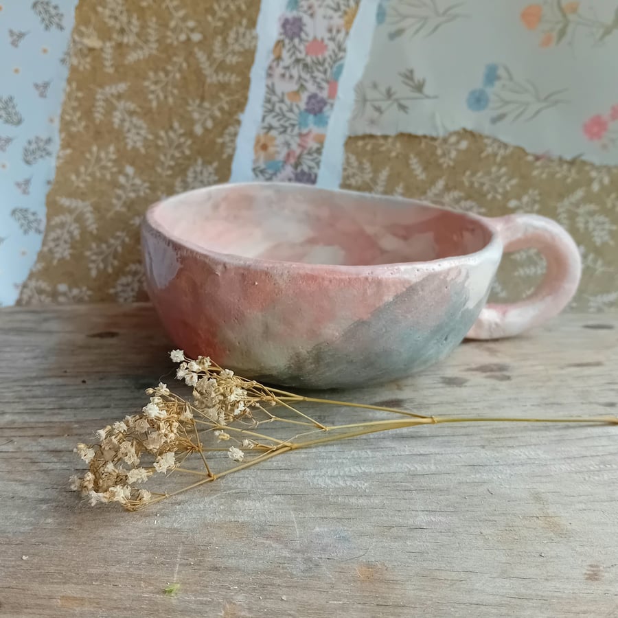 Tea cup mug,pinched pot earthenware ceramic,pink crackle glaze, rustic