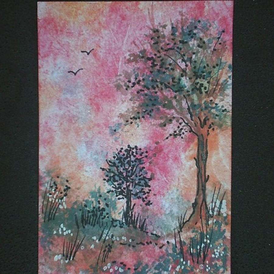 Aceo sfa original miniature painting,sunset trees by Gweddusart