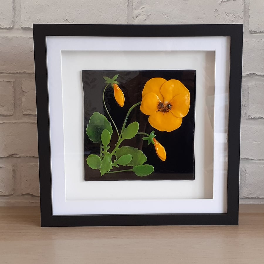 Fused glass floral art, pansy picture in frame, yellow flowers