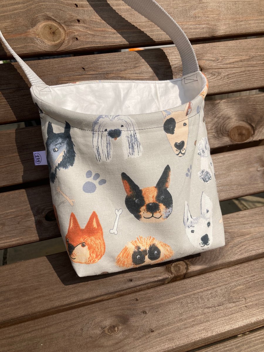 Dog lover's Cross-body style peg bag. Portraits pups fabric