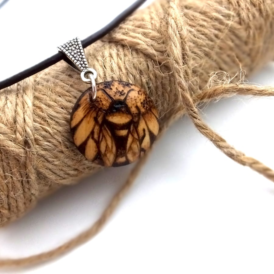 Bumblebee in the Flower Pyrography Wooden Pendant