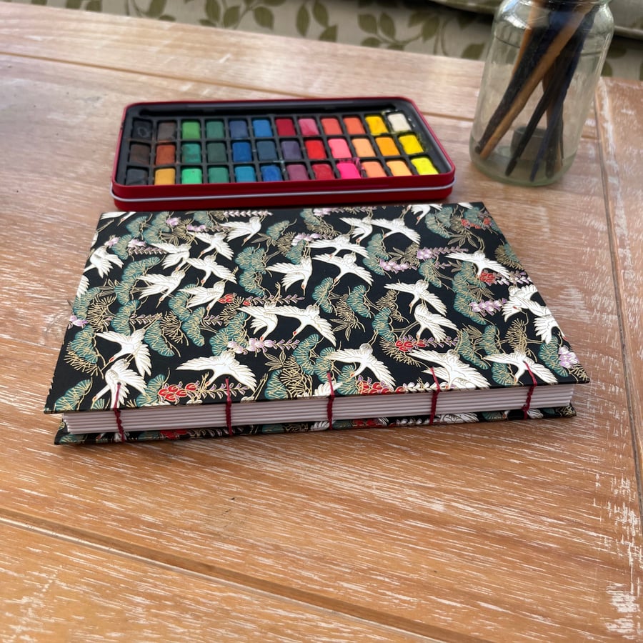 A5 Mixed Media Sketchbook Japanese Chiyogami Cover Black Cranes