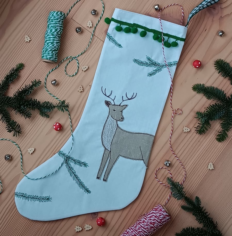 Christmas Stocking with Appliqued Reindeer 