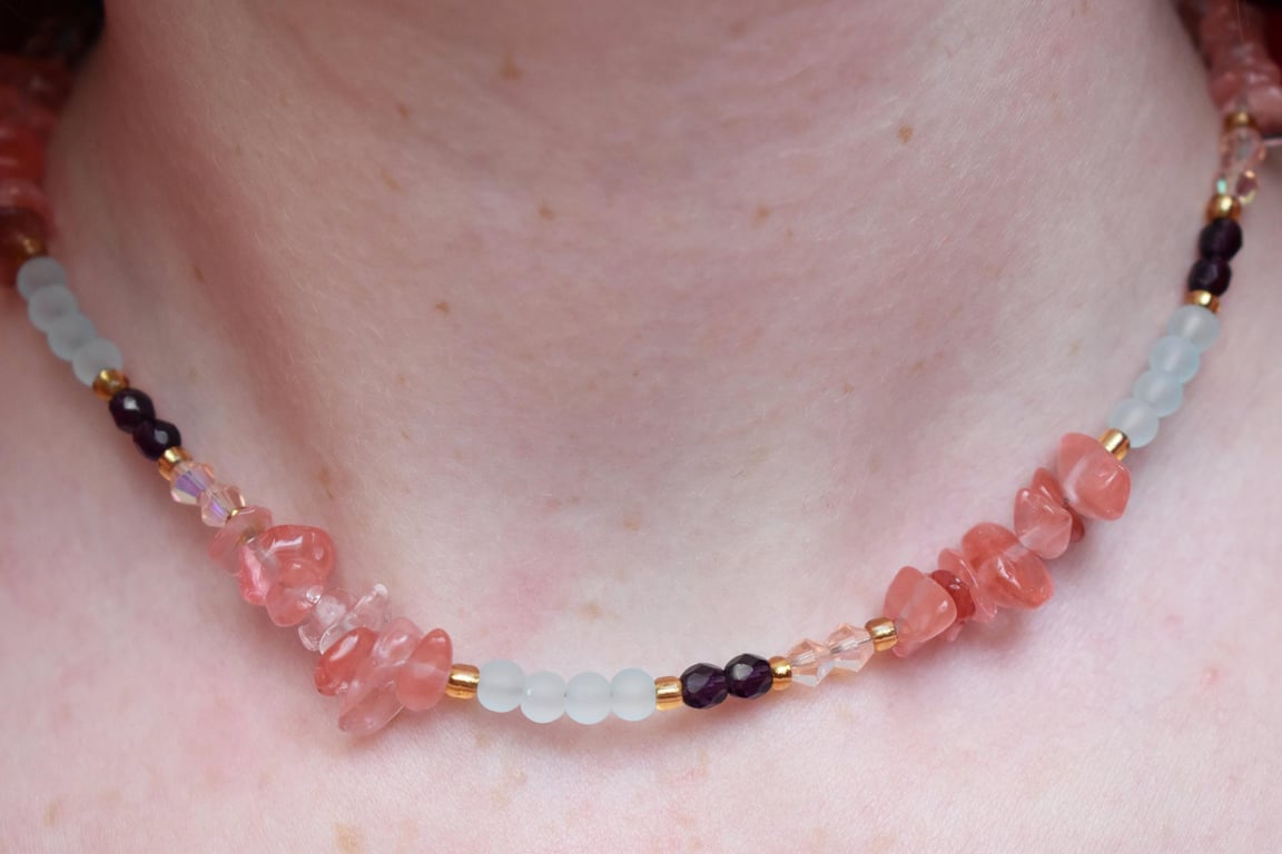Blue Glass, Cherry Quartz & Crystal Beaded Necklace - Handmade Jewellery