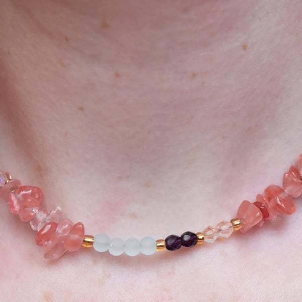 Blue Glass, Cherry Quartz & Crystal Beaded Necklace - Handmade Jewellery